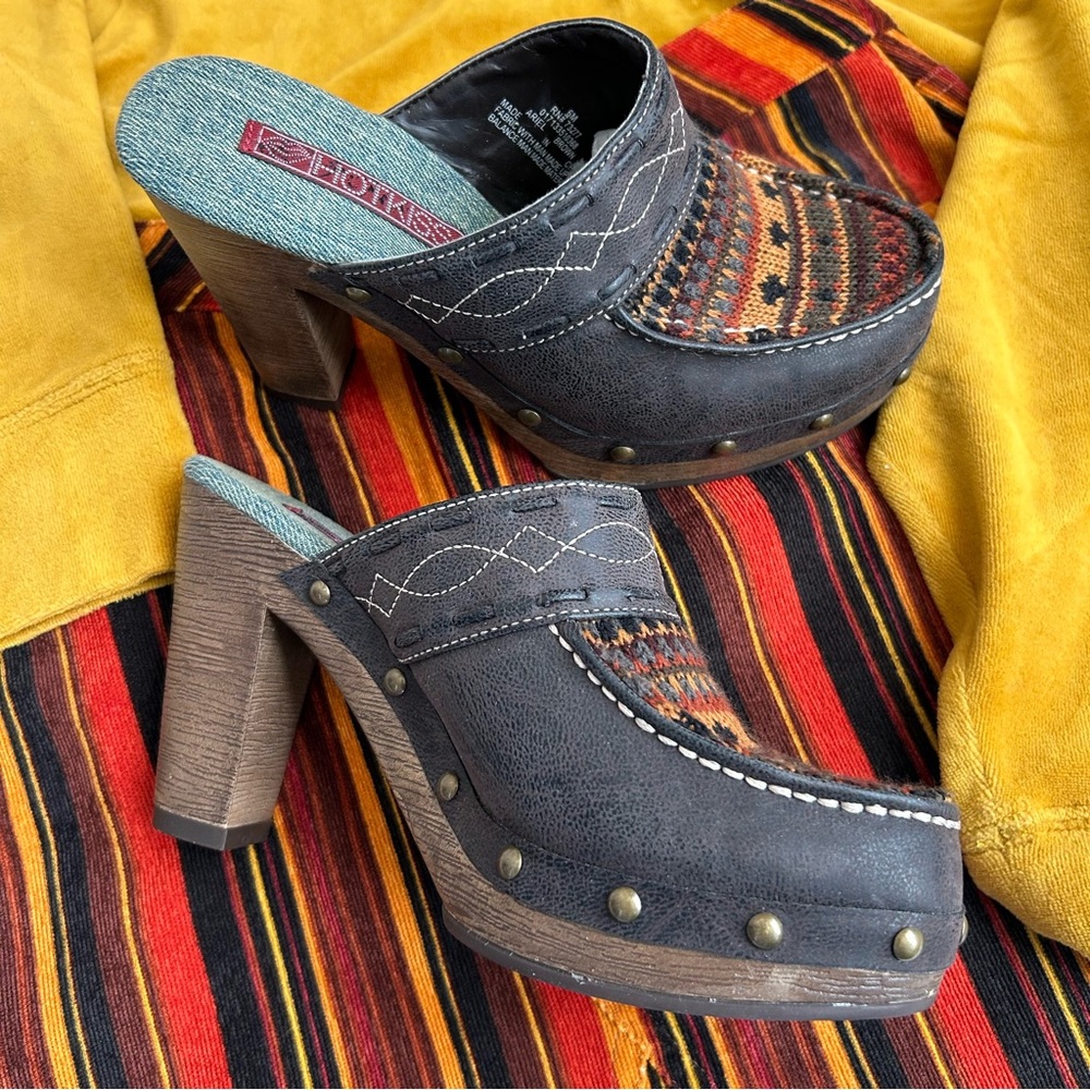 HotKiss Ariel High Heel Clog Mules 1970’s Aztec Boho Platform Shoes Size 6M NWOT